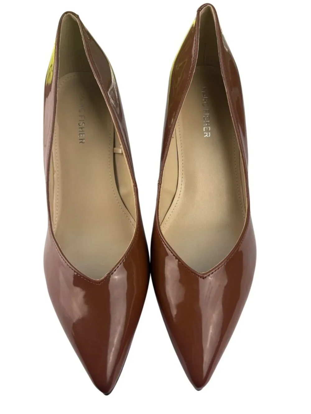 Marc Fisher Caitlin Brown Patent Leather Pointed Toe Block Heel Pumps Size 8 M